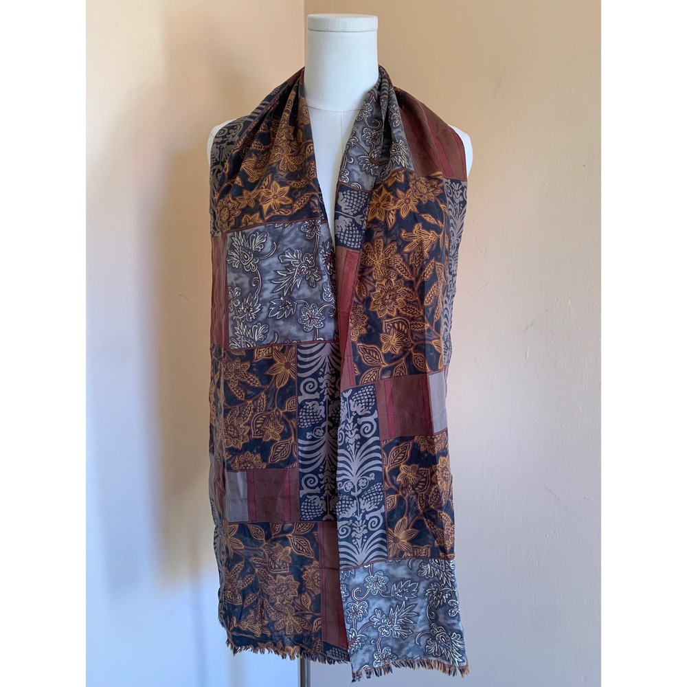Vintage Patchwork Print Fringed Scarf Floral Geometric Brown Gray Burgundy
